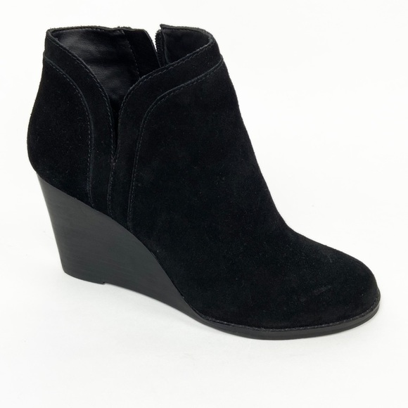 Lucky Brand Shoes - Lucky Brand Yiminia Black Suede Leather Side Zip Wedge Ankle Booties